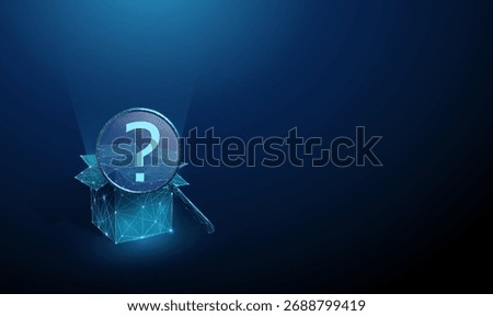 3d blue open box under a magnifying glass with a question mark inside. Exploration, idea discovery, analysis, unknown content, experimental approach concept. Low poly digital futuristic style. Vector.