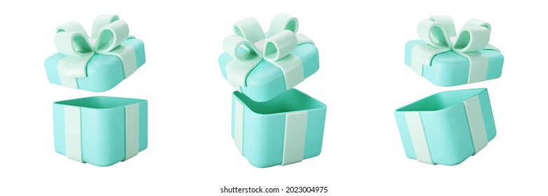 3d blue open gift box set with pastel ribbon bow isolated on a white background. 3d render flying modern holiday open surprise box. Realistic vector icon for present, birthday or wedding banners