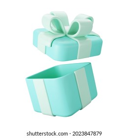 3d Blue Open Gift Box With Pastel Ribbon Bow Isolated On A White Background. 3d Render Flying Modern Holiday Open Surprise Box. Realistic Vector Icon For Present, Birthday Or Wedding Banners