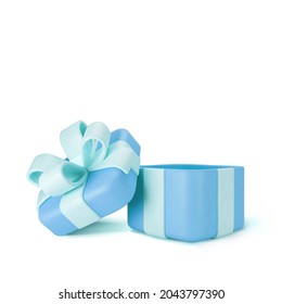 3d blue open gift box standing on the floor with pastel ribbon bow isolated on a light background. 3d render modern holiday surprise box. Realistic vector icon