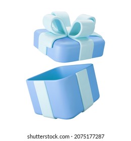 3d blue open gift box with pastel ribbon bow isolated on a white background. 3d render flying modern holiday open surprise box. Realistic vector icon for present, birthday or wedding banners