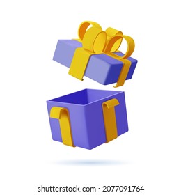 3d blue open gift box with yellow ribbon bow isolated on a white background. 3d render flying modern holiday open surprise box. Realistic vector icon for present, birthday or wedding banners