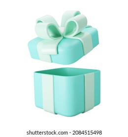 3d blue open gift box with pastel ribbon bow isolated on a white background. 3d render flying modern holiday open surprise box. Realistic vector icon for present, birthday or wedding banners