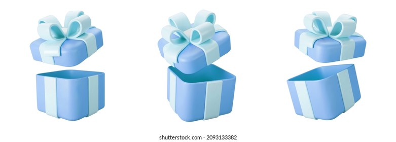 3d blue open gift box set with pastel ribbon bow isolated on a white background. 3d render flying modern holiday open surprise box. Realistic vector icon for present, birthday or wedding banners