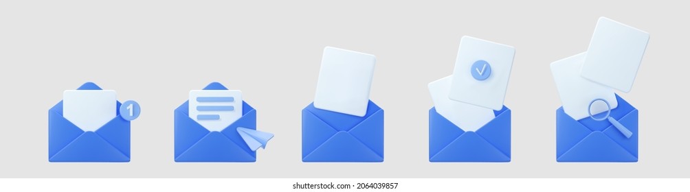 3d blue open mail envelope icon set with marker new message isolated on grey background. Render email notification with letters, check mark, paper plane and magnifying glass icons. 3d realistic vector - Shutterstock ID 2064039857