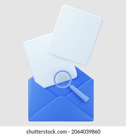 Icono de sobre de correo abierto azul 3d con lupa aislada en fondo gris. Concepto de aprobación de procesamiento, notificación por correo electrónico con documento. 3.ᵉʳ vector realista