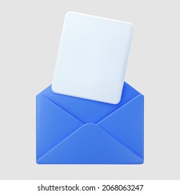 3d blue open mail envelope icon with fly document isolated on grey background. Render new email notification. 3d realistic minimal vector