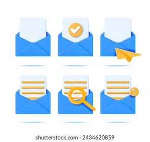 Conjunto de iconos de sobre de correo abierto azul 3d aislado. Marca de verificación, lupa, documento, plano de papel, notificación y sobre de carta de correo electrónico vacío. Colección de correo electrónico. Ilustración vectorial