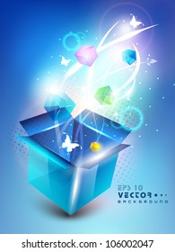 3D blue opened box with full of shine small gift box and butterflies, Abstract background. EPS 10.