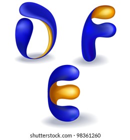 3d blue and orange letters 'd,f,e' Each letter is a separate object, the shadow can be easily removed