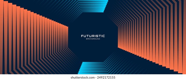 3D blue orange techno abstract background on dark space with glowing lines decoration. Modern banner with stripes style. Graphic design element octagons concept for web, flyer, card, or brochure cover