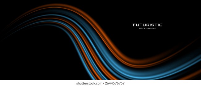 Fondo geométrico techno naranja azul 3D en el espacio oscuro con líneas curvas decoración de movimiento. Alta velocidad con estilo de rayas. Concepto de elemento de Diseño gráfico moderno para flyer, tarjeta o cubierta de folleto