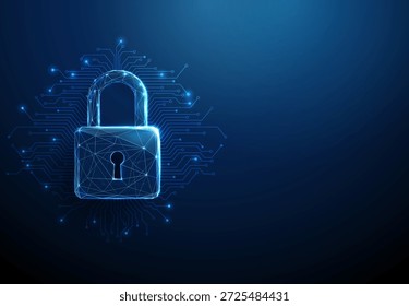 3D blaues Vorhängeschloss mit Mikrochip-Leitungen Hardware-Sicherheit, Datenschutz, Cybersicherheit, Verschlüsselung, sicherer Zugang, digitales Infrastrukturkonzept. Low-Poly-Digital-futuristischen Stil. Vektor.