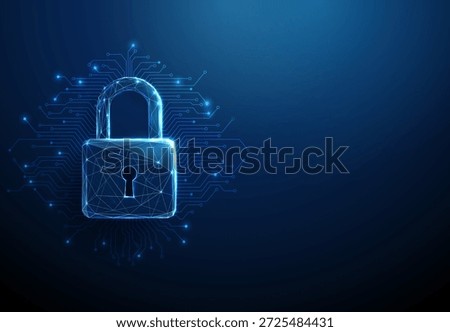 3d blue padlock with microchip circuit lines Hardware security, data protection, cybersecurity, encryption, secure access, digital infrastructure concept. Low poly digital futuristic style. Vector.