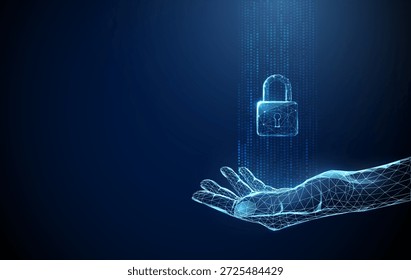 3d blue padlock in open human palm with flowing data points. Secure access, information safety, user control, privacy, technology support concept. Low poly digital futuristic style, wireframe. Vector.