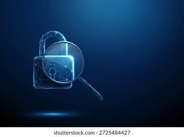 Candado azul 3d bajo lupa Inspección de seguridad, auditoría de privacidad, análisis de ciberseguridad, evaluación de riesgos, validación de confianza, concepto de revisión de protección de datos. Vector futurista digital de baja poli