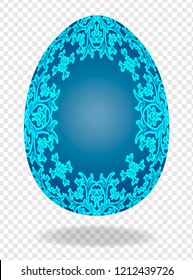 3d blue painted Easter egg with a pattern of lilies and a place for text