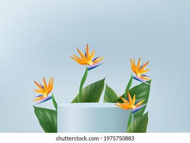 3d blue palm render for summer tropical. background product display podium scene with holiday tropical platform. summer background vector 3d with podium. stand for cosmetic product display