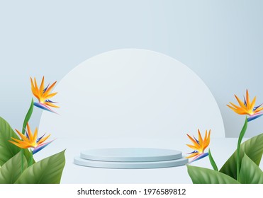 3d blue palm render for summer tropical. background product display podium scene with holiday tropical platform. summer background vector 3d with podium. stand for cosmetic product display