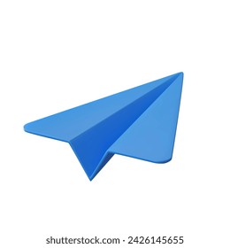 Icono de avión de papel azul 3d sobre fondo blanco Dibujo minimalista lindo suave. concepto de aprendizaje de educación de visión creativa. procesamiento 3d. Ilustración de vector