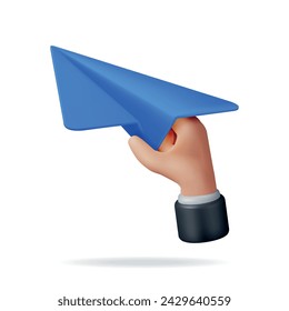 3D Blue Paper Plane in Hand Isolated. Render Folded Paper Into Shape of Airplane Icon. Origami Folded Toy Air Plane. Transportation, Delivery, Internet Mail and Messaging Symbol. Vector Illustration