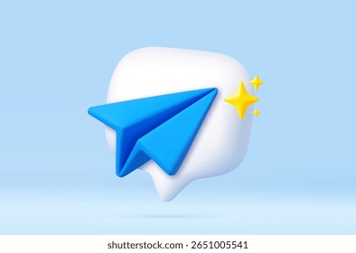 Plano de papel azul 3D dentro de uma bolha de bate-papo com faíscas, simbolizando mensagens rápidas, e-mail ou comunicação.