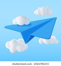 Plano de papel azul 3D en el cielo con las nubes. Procesar papel doblado en forma de icono de avión. Origami plegado de juguete avión de aire. Transporte, entrega, correo por Internet y símbolo de mensajería. Ilustración vectorial