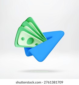 3D Blue paper plane with stack of banknotes. Digital money transfer and financial online service. 3d stock vector illustration of banking transaction or crypto currency economy.