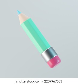 3d blue pencil icon with pink eraser isolated on gray background. Render pencil for education, writing or drawing concept. 3d cartoon simple vector illustration