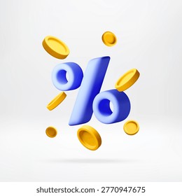3D Blue percentage symbol floating with gold coins. Sale discount promotion and special offer. Financial render for e-commerce website and business marketing concept. Vector illustration
