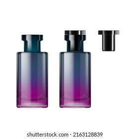 3D Blue And Pink Glass Luxury Perfume Bottle Mockup On White Background. EPS10 Vector