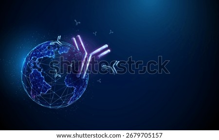 3d blue planet Earth with floating antibodies around. Global health protection, international medical cooperation,  personalized medicine concept. Low poly digital futuristic style,, wireframe Vector.