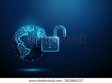 3D blue planet earth with open padlock. Global security, network privacy, data protection, worldwide access, cyber safety, connection, internet, technology concept. Digital futuristic style. Vector.