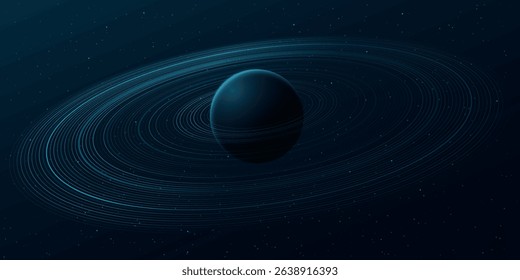 3D blue planet with glowing rings floating in deep space. Minimalist sci-fi cosmic, futuristic vibe. Concept related to astronomy, astrophysics, and digital universe visuals. Vector illustration.