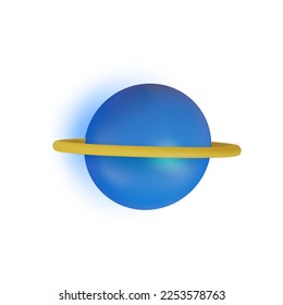 3d blauer Planet mit gelbem Ring um Plastikkarikaturen-Stil einzeln auf weißem Hintergrund. Vektorgrafik