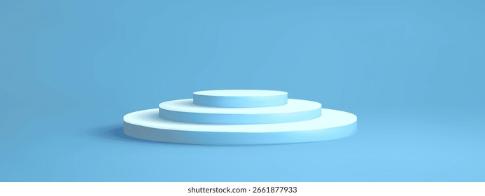 Fondo de podio azul 3D con plataforma de producto abstracto y soporte de exhibición blanco. Etapa cosmética realista con gradiente pastel y ondas metálicas geométricas. Maqueta aislada limpia para presentaciones.