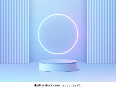 3D blue podium background. Realistic blue hologram cylinder pedestal with glowing neon ring on wall scene. Abstract composition in minimal design. Platforms for product presentation. Stage showcase.