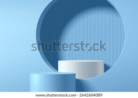 3D blue podium background and White podium in circle window. Abstract composition minimalist design. Studio display showroom cosmetic stand product pedestal, Fashion stage showcase mockup wall scene.