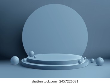3D blue podium with circle backdrop and many balls elements on a blue background, modern concept, product display, mockup, showroom, showcase. Vector illustration