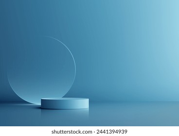 3D blue podium with clear glass circle backdrop, set against a blue background. Vector illustration