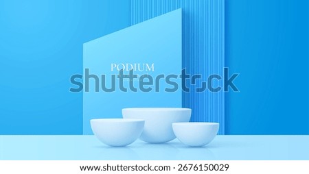 3d blue podium cosmetics stage. Realistic vector scene with three round display bowls on a glossy surface. Elegant background for branding, product presentation, or cosmetic mockups in a modern style