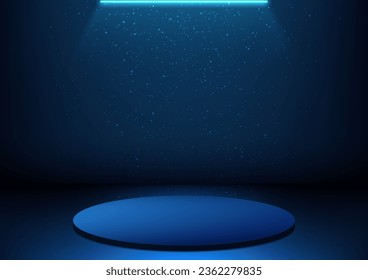 3D blue podium is decorated with fluorescent lighting and particles, creating a futuristic and modern effect. Vector illustration