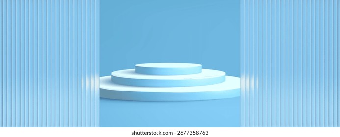 Podio azul 3D con textura de vidrio acanalado y pantalla abstracta. Soporte cosmético realista con iluminación pastel. Limpie los efectos de espejo o maquetas corrugadas para los premios.