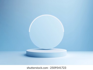 3D Blue Podium with Glowing Circle Backdrop on Soft Blue Background for Minimalist Product Display and Modern Mockup Showcase