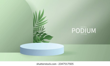 Podio azul 3D con hoja verde en la pantalla de productos de fondo verde , Abstract Vector de renderización 3d, presentación de producto,Escenario para el escaparate, ilustración vectorial EPS 10
