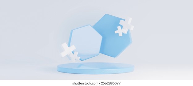 3d pódio azul para fundo de tecnologia de produtos de saúde. Plataforma de hospital ou laboratório para exibir medicina na ilustração abstrata da maquete da exposição. Banner de biotecnologia para a apresentação do plano de saúde