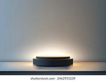 3D blue podium with light shines from a podium on light blue background, modern concept, product display, mockup, showroom, showcase. Vector illustration