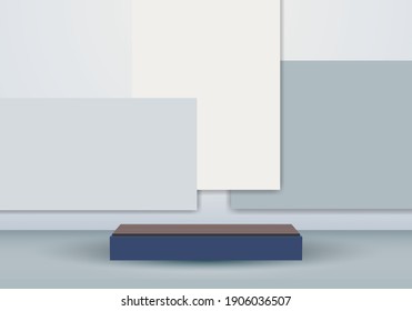 3D blue podium minimal gray geometric scene background. You can use for cosmetic products. Stage showcase platform modern studio. Vector illustration