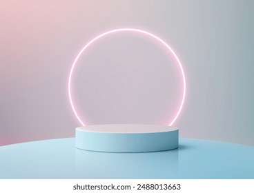 3D Blue Podium with Neon Glowing Pink Circle on Pastel Background, Modern Style for Product Display, Mockup, Showroom, Showcase