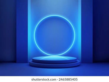 3D blue podium with neon light circle glows behind a podium in a dark room, technology concept, product display, mockup, showroom, showcase